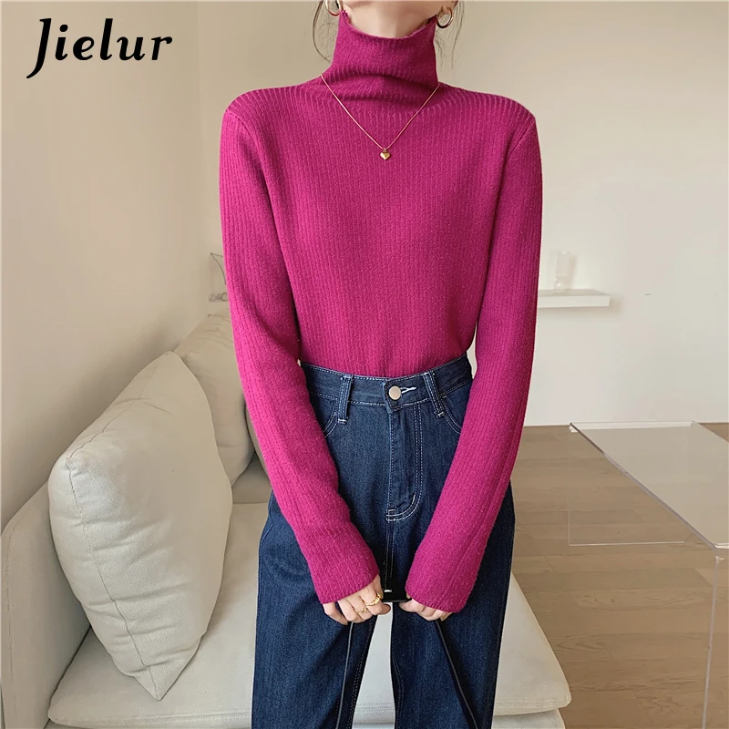 Jielur Свитер женский с высоким воротником флисовый вязаный облегающий пуловер