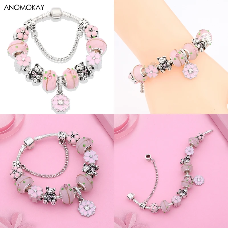 Anomookay Новый Романтический розовый эмалированный цветок Сделай Сам браслет из