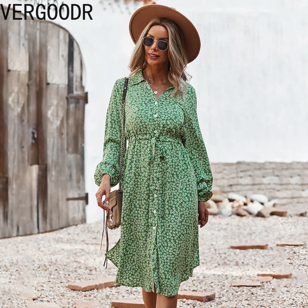 

Vergoodr Flroal Print Midi Dresses for Women 2021 Autumn Long Sleeve Bandage Dress Elegant Sling Button Vintage Dress Robe