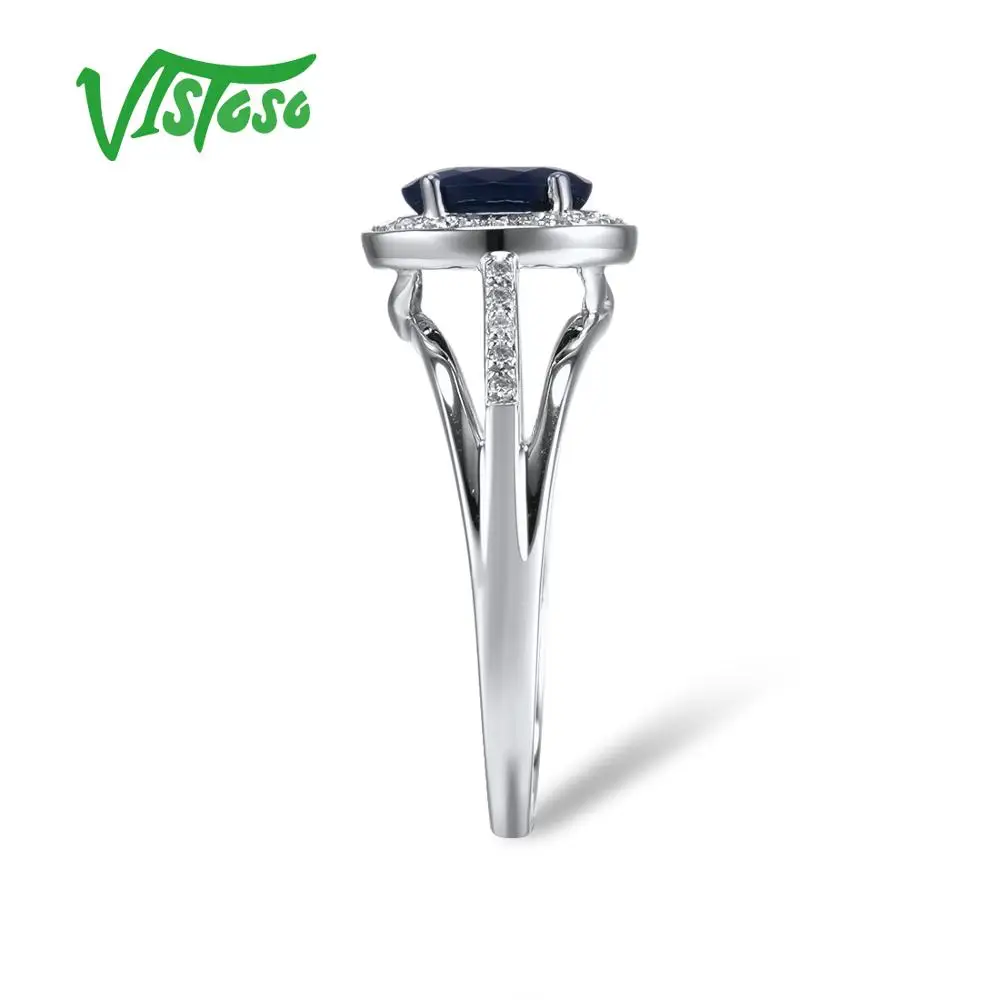 VISTOSO 14K White Gold Rings For Women Genuine Sparkling Diamond Fancy Blue Sapphire Engagement Anniversary Unique Fine Jewelry
