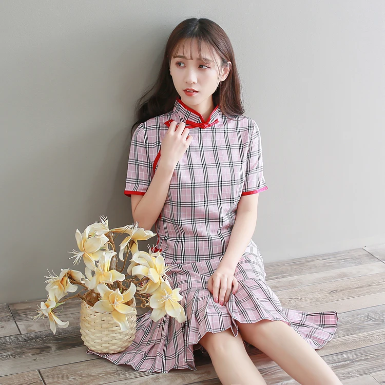 

Traditional Cheongsam Dress Women Modified Lattice Fishtail Skirt GIRL'S Daily Life Fresh Dress Literature Art Student Uniform