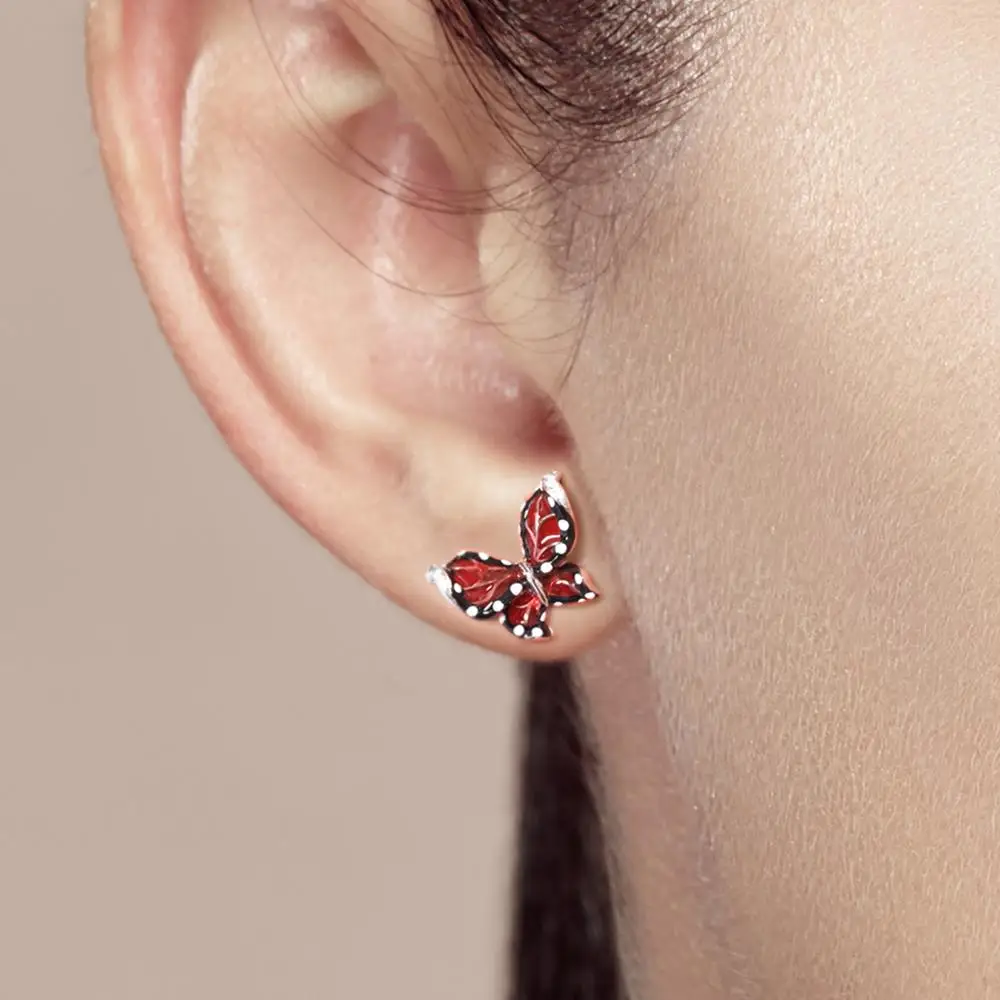 

SANTUZZA Silver Red Butterfly Earrings For Women Pure 925 Sterling Silver Stud Earrings CZ brincos Jewelry Handmade Enamel