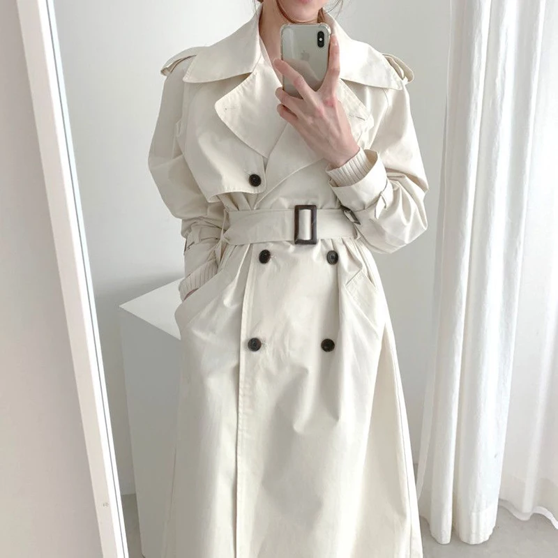 

Women Elegant Trench Korean Style Chic White Large Lapel Double Breasted Waistband Slim Straight Long Coat Spring Autumn Outwear