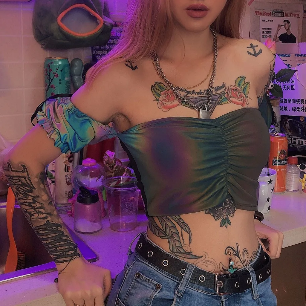 Женская футболка Летние Красочные Светоотражающие майки пикантные футболки с