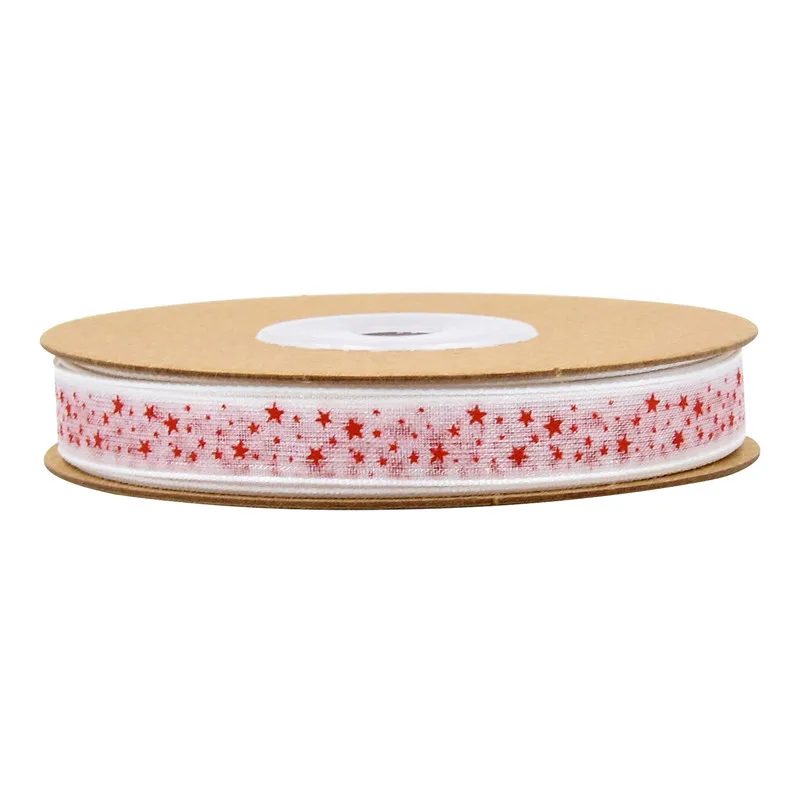 

10mm Christmas red color dot star flower printed organza ribbon for packing and bow wedding party craft sewing decoration supply