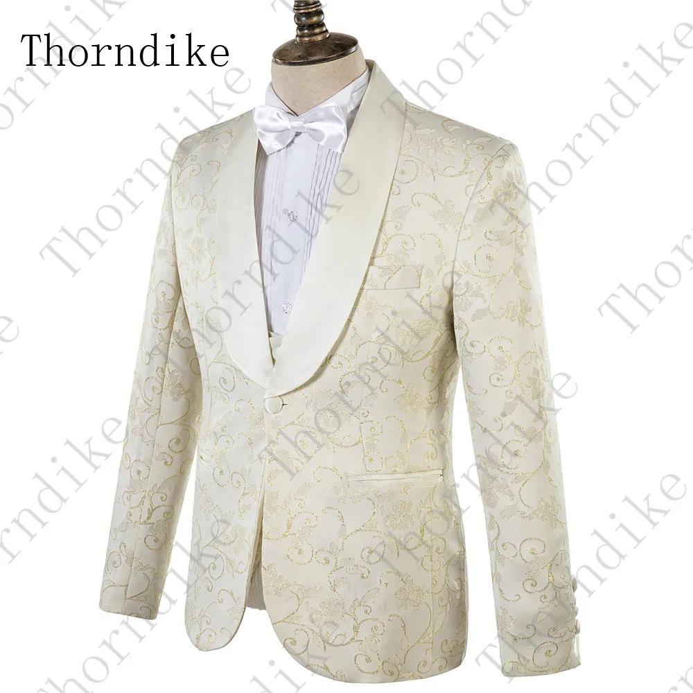 Thorndike (Jacket+Vest+Pants) 2019 Groomsmen Tuxedos Light Yellow Jacquard Men Suit Set Wedding Prom Formal Mens 2 Pieces | Мужская