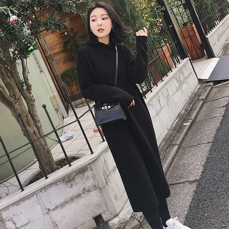 Осенне зимний длинный свитер с капюшоном средней длины Повседневные свободные