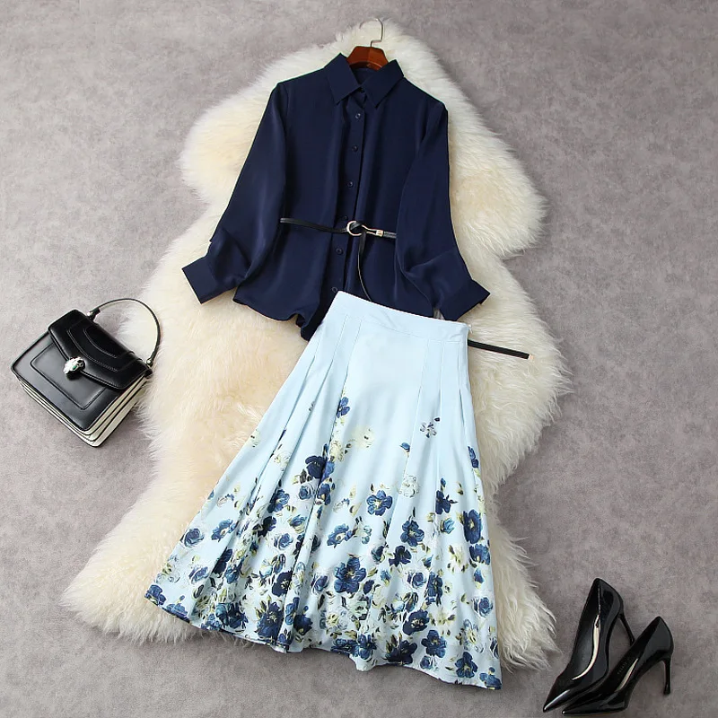 

Women floral print a-line skirt + tops two piece set spring summer 2021 elegant blue brief shirts office lady 2pc skirts suits