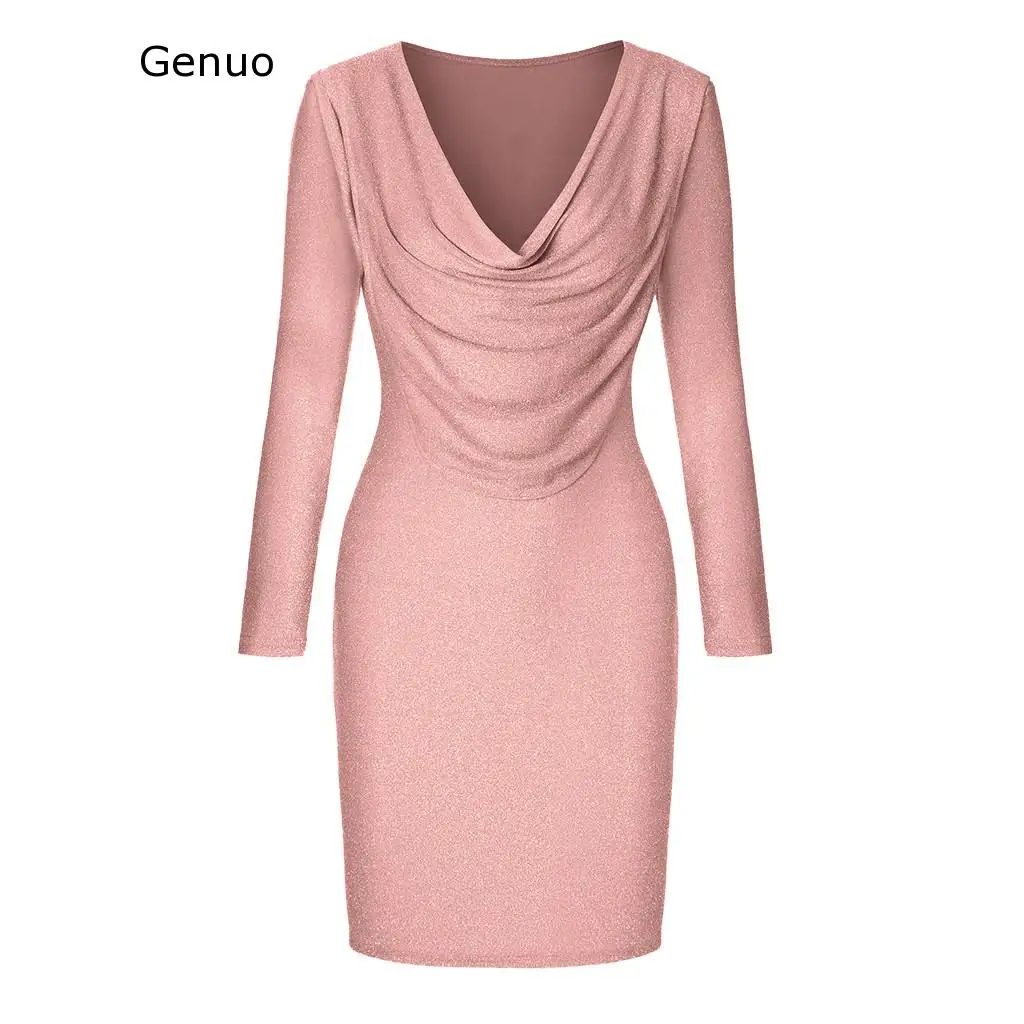 

Genuo Womail Dress Women Fashion Sexy V-Neck Sequin Long Sleeve Solid Mini Dresses Party Elegant Casual Dress Evening Holiday