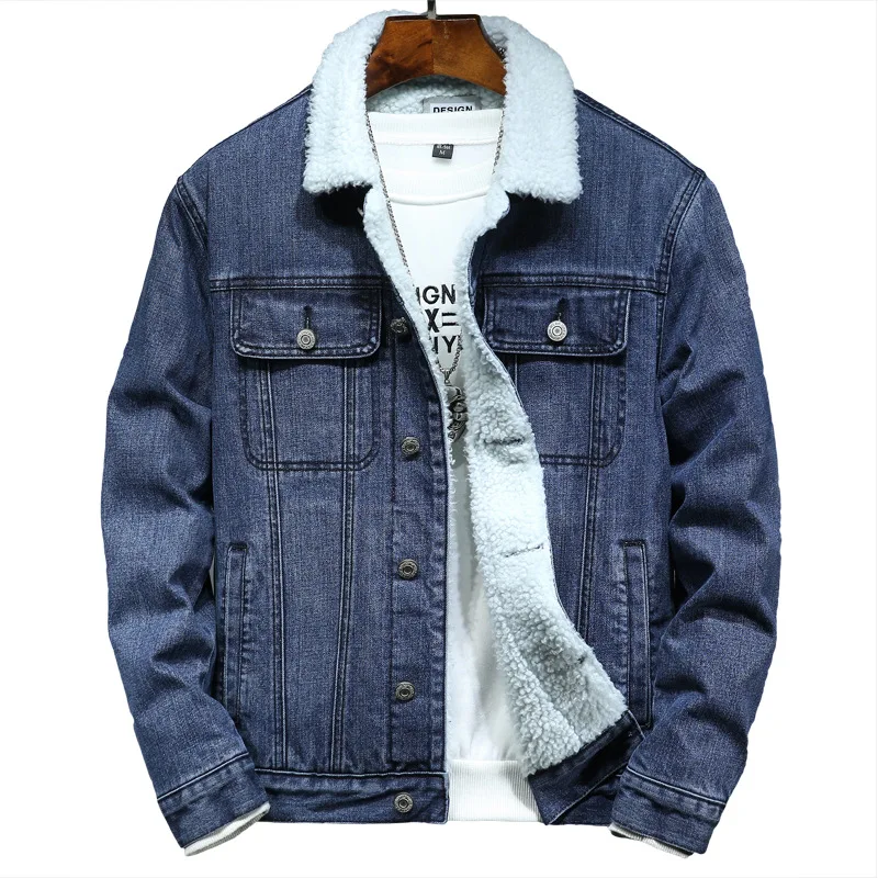 

Men Light Blue Winter Jean Jackets Outerwear Warm Denim Coats New Wool Liner Thicker Winter Denim Jackets Large Size