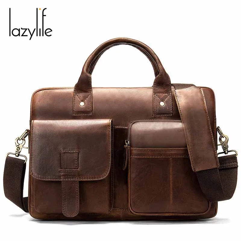 Сумка LAZYLIFE Мужская для ноутбука из натуральной кожи саквояж кросс боди воловьей