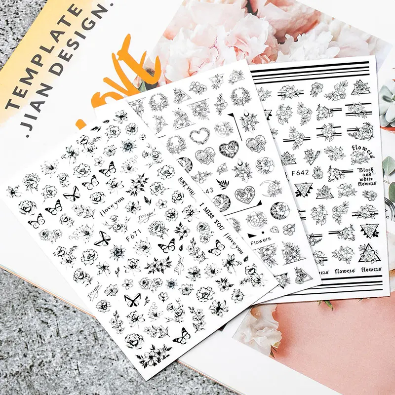 

1pcs 3D Nail Sticker Black Flower Nail Art Sticker Decals Hollow Floral Butterfly Self-adhesive Manicure Decoration
