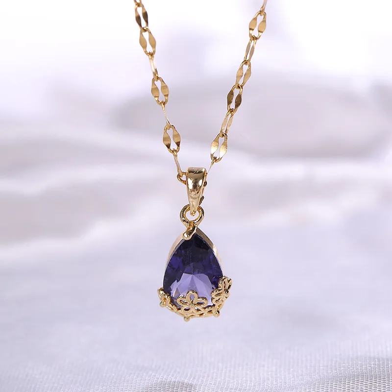 

New Crystal Peach Blossom Water Drop Necklace Female Hollow Pattern Design Fashion Titanium Steel Clavicle Chain Jewelry