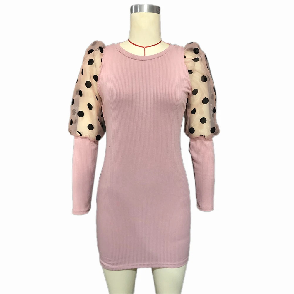 Модное прозрачное Сетчатое обтягивающее элегантное платье в горошек с длинным