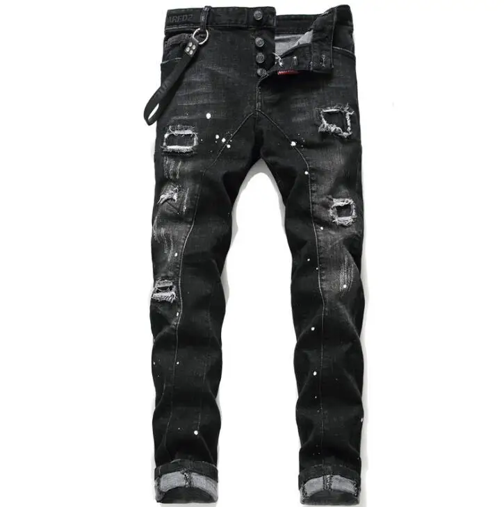 New trousers men's skinny jeans black with ripped holes ropa de hombre elastic paint spray black stitching beggar pants