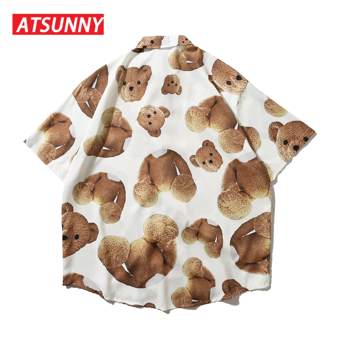 ATSUNNY Bear Print Short Sleeve Shirt HipHop Streetwear Casual Shirt Man Summer Fashion Hawaiian Shirts Tops