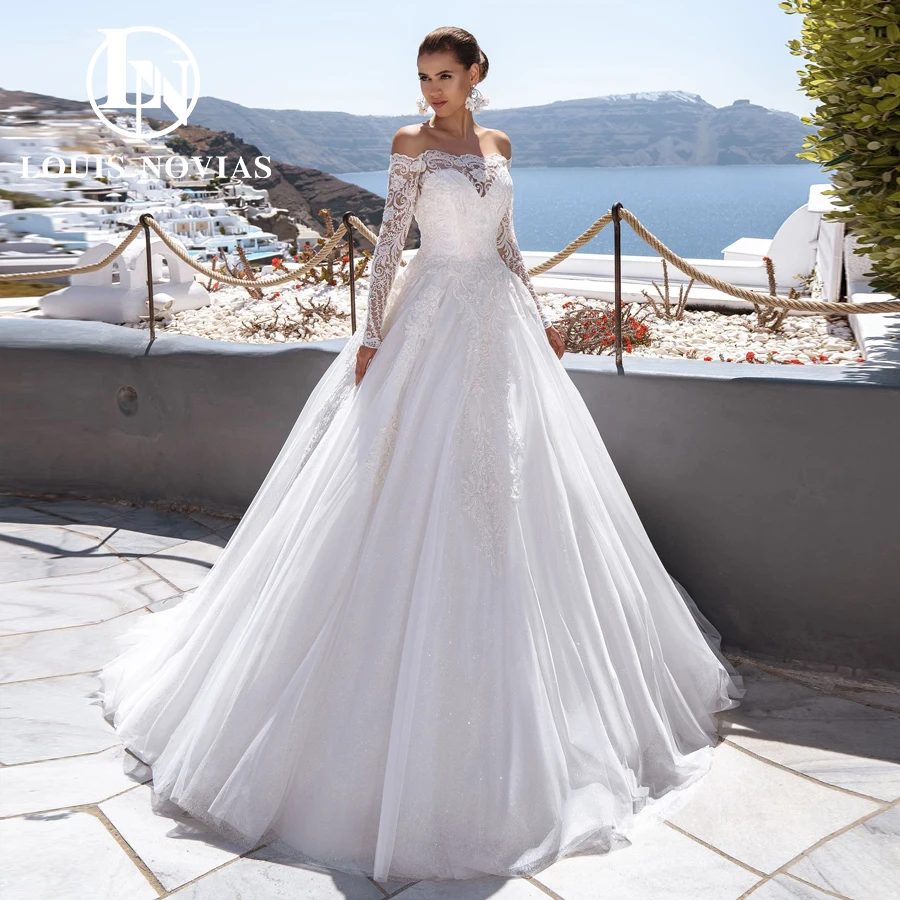 

LOUIS NOVIAS A-Line Wedding Dress 2024 Long Sleeve Shiny Sequined Bridal Gown Appliques Boat Neck Wedding Gown Vestidos De Novia