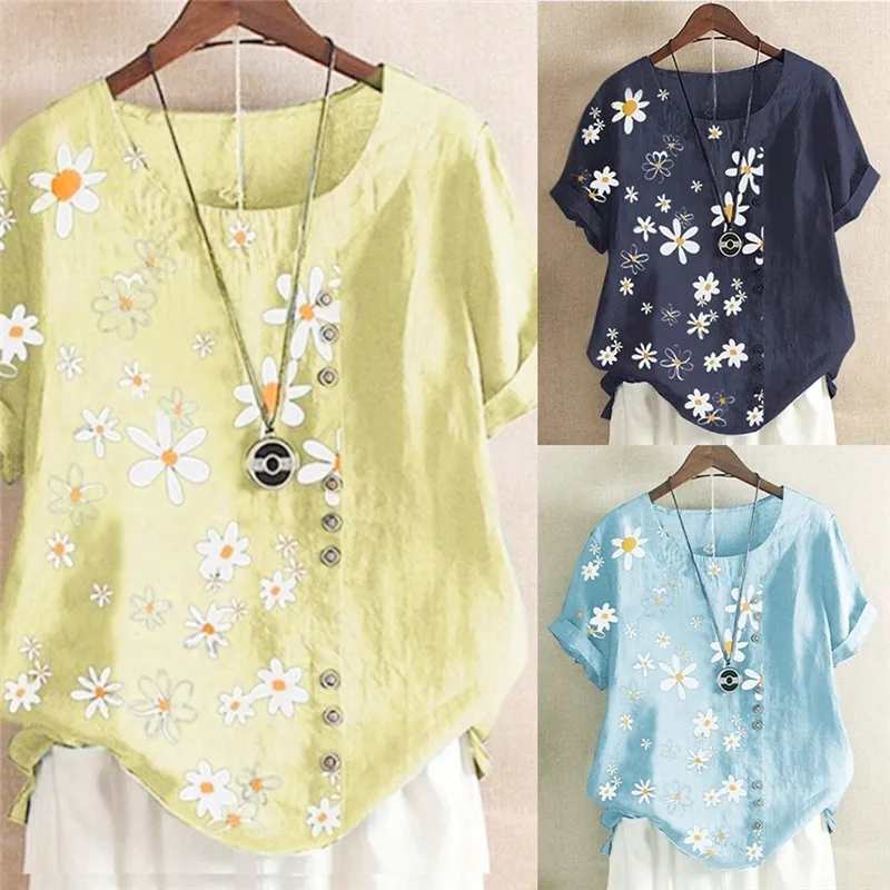 

Brand Blouses Woman Clothing O-Neck Women Big Size Tunic Tops 2021 Casual Short Sleeve Print Shirt Blouse Blusa Feminina