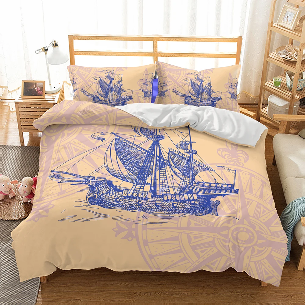 Vintage Style Hand Drawn Sketch Bedding Sailboat Compass Duvet Cover Set Teens Adults Bedroom Single Double Bed Sets Bedspread | Дом и сад