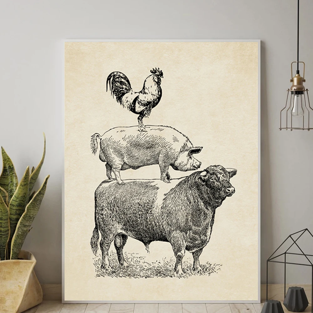 

Cow Pig Chicken Vintage Poster Prints French Country Farm Poultry Farmhouse Retro Wall Art Canvas Painting Picture Kitchen Decor