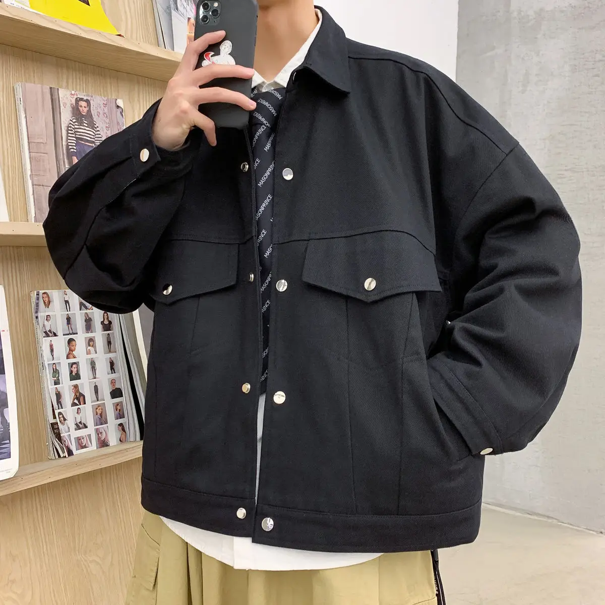 

Men's Coat Large Pocket Spring Summer Autumn Fashion Korean Tooling Jacket Loose Movement College New 2021 Black Blue