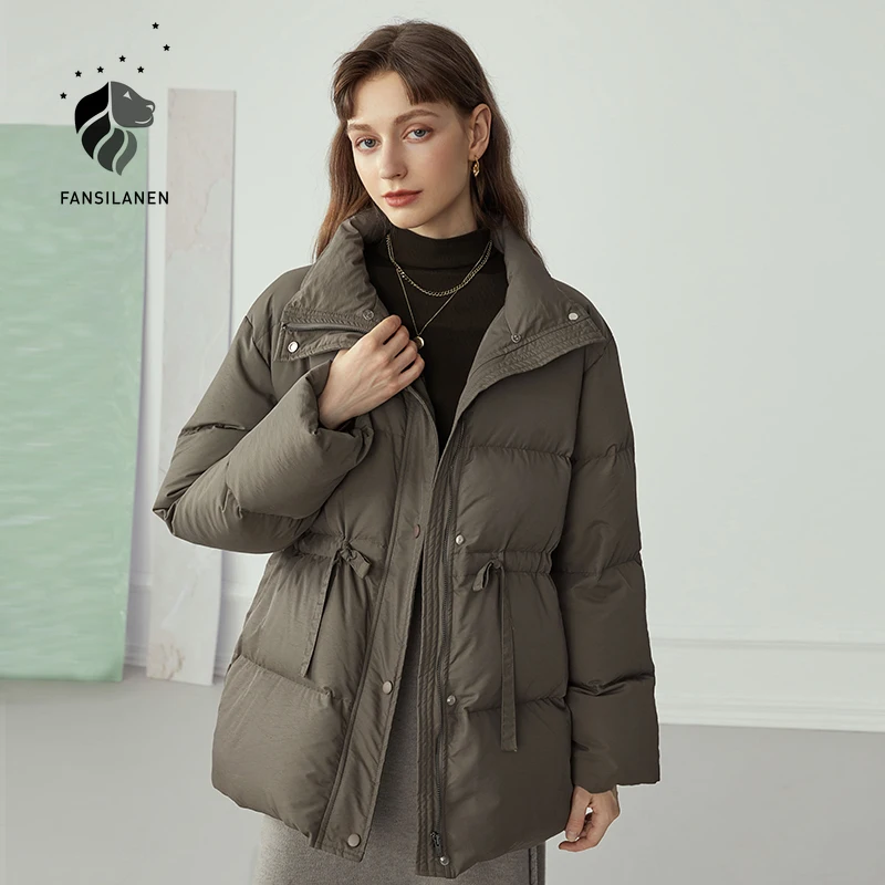 

FANSILANEN Slim Casual Short Puffer Down Jacket Women Thermal Quilted Winter Down Coat Wram Female Drawstring Light Down Parka