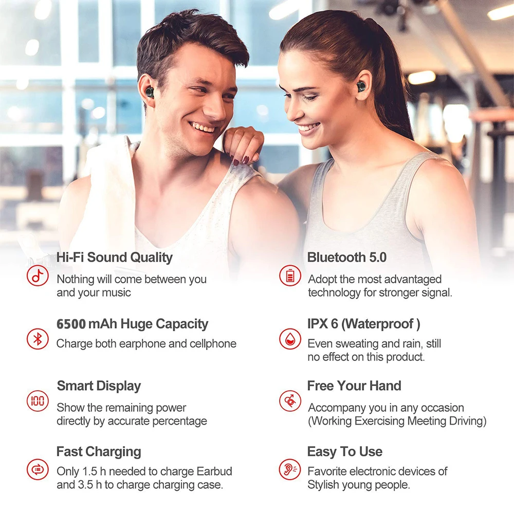 TWS True 5,0 Bluetooth наушники спортивные в уши беспроводные наушники IPX6 водонепроницаемые наушники для телефона с 6500 мАч зарядный чехол