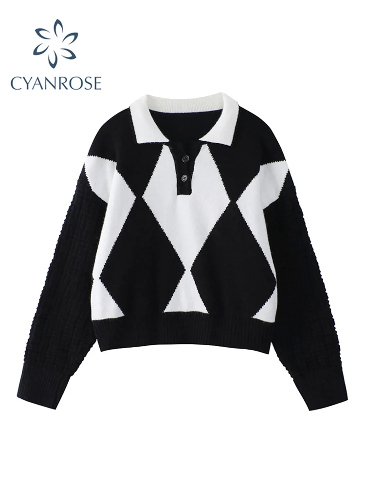 

Women Sweaters Pullovers Plaid Preppy Style Winter Vintage Oversize Polo-Neck Jumpers Sweet Streetwear Harajuku Sueter Mujer New