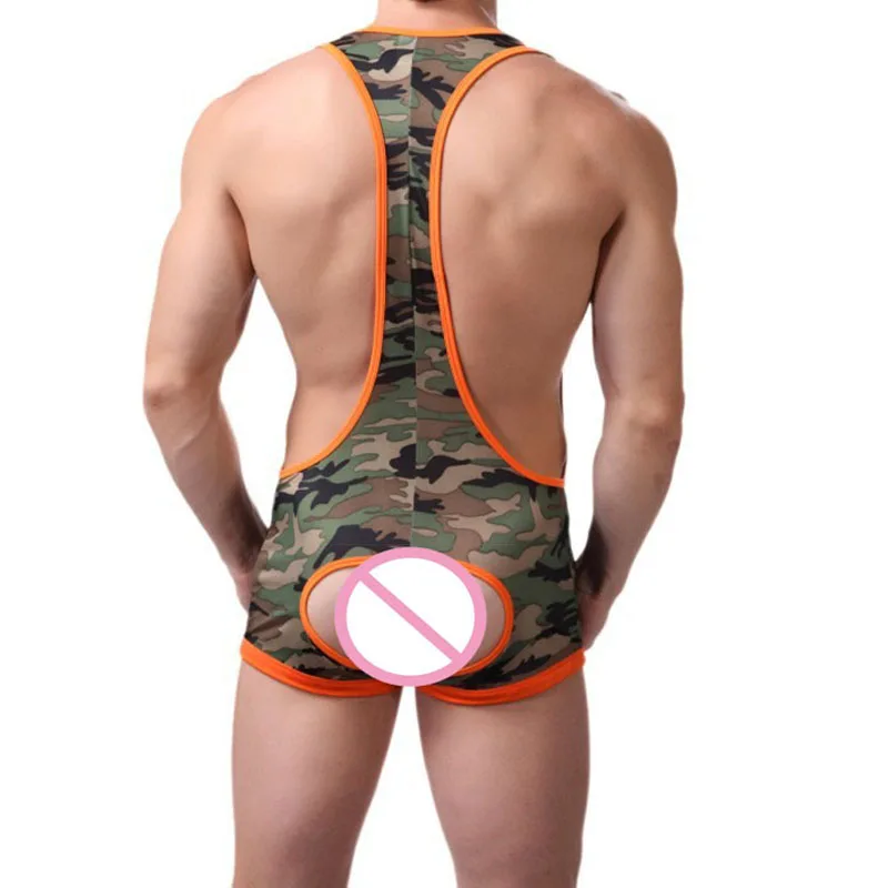 

S~XL Camouflage Men Thong Bodysuit Leotard Crotch Wrestling Jumpsuit Sexy Lingerie Hot Jockstrap Men Bodysuit Thong Underwear