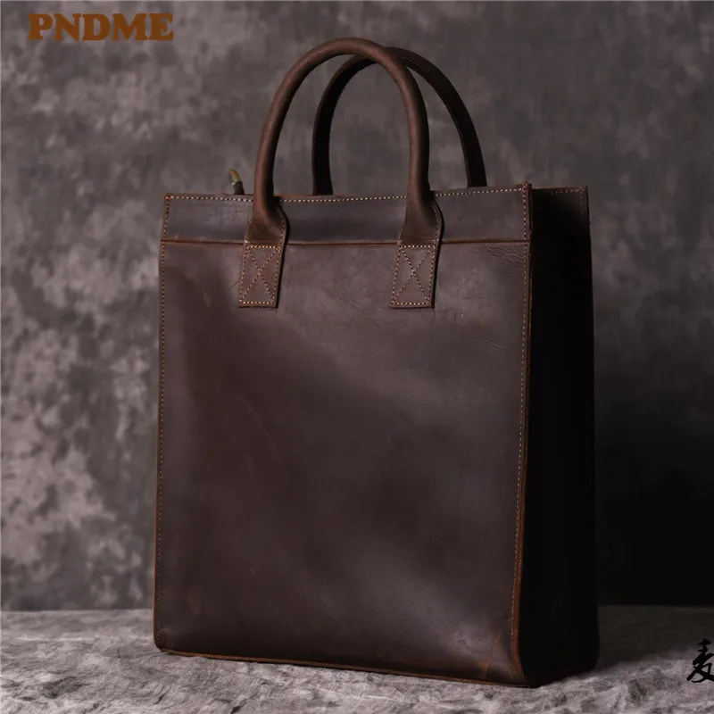 PNDME fashion vintage genuine leather men's women's briefcase simple business crazy horse cowhide file hand laptop shoulder bag