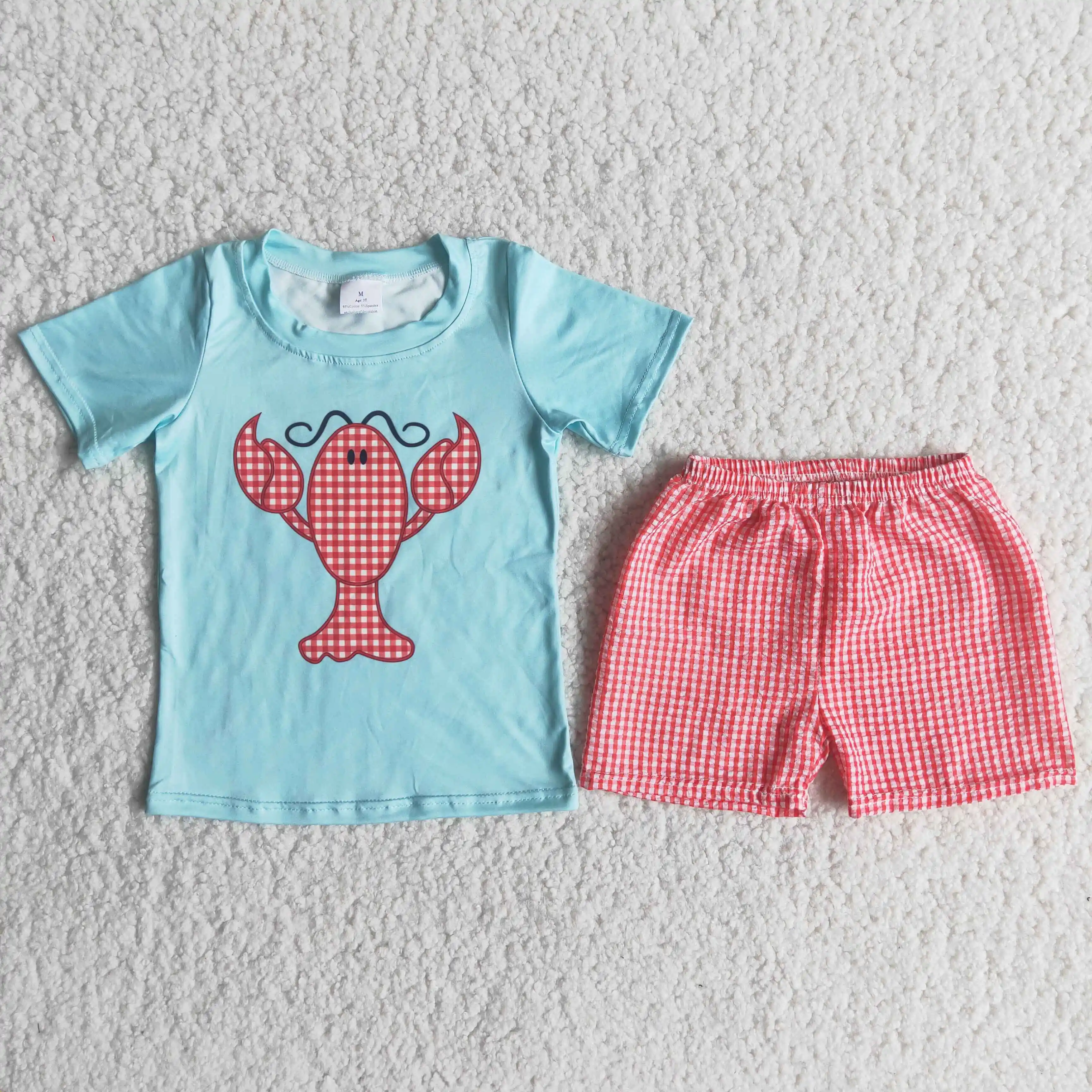 

Rts No Moq New Design Baby Kid Boutique Wholesale Summer Lobster Shirt Red Plaid Seersucker Shorts 2 Pieces Boy Hot Sale Clothes