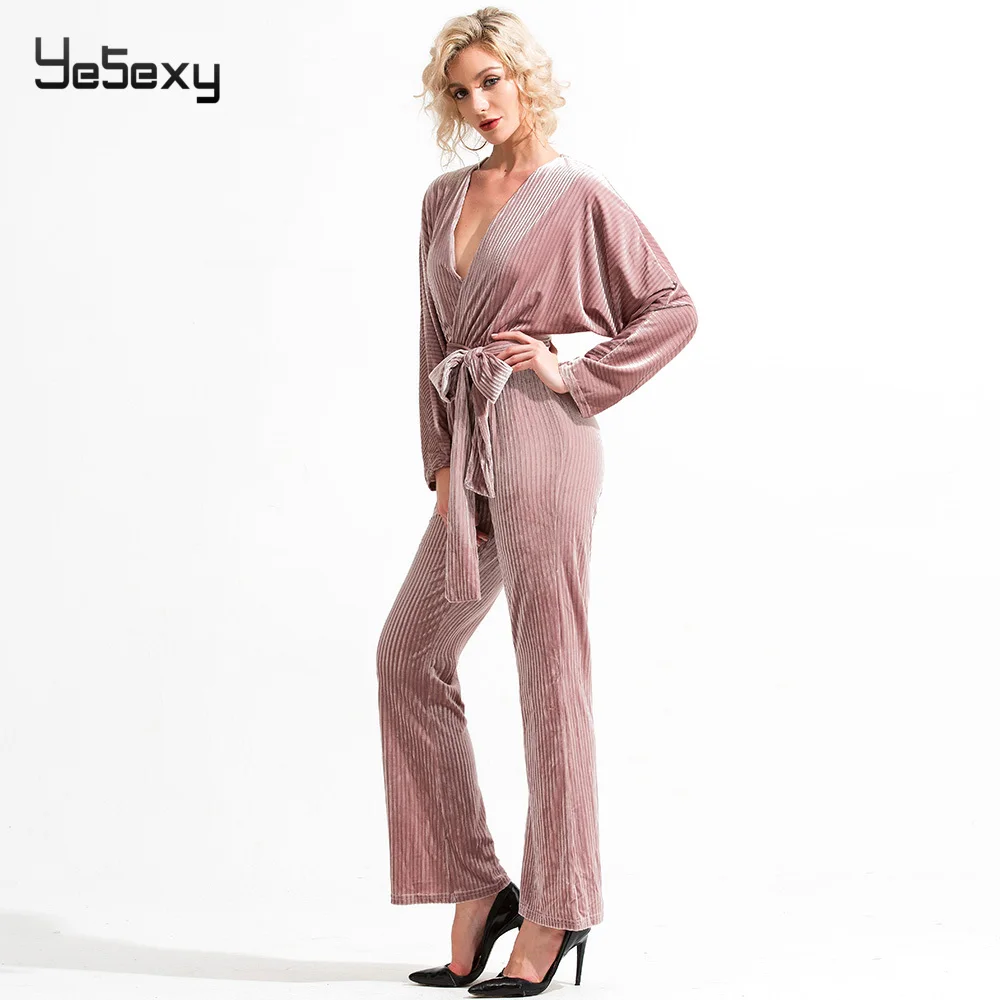 Женские бархатные комбинезоны Yesexy однотонные с длинным рукавом и глубоким