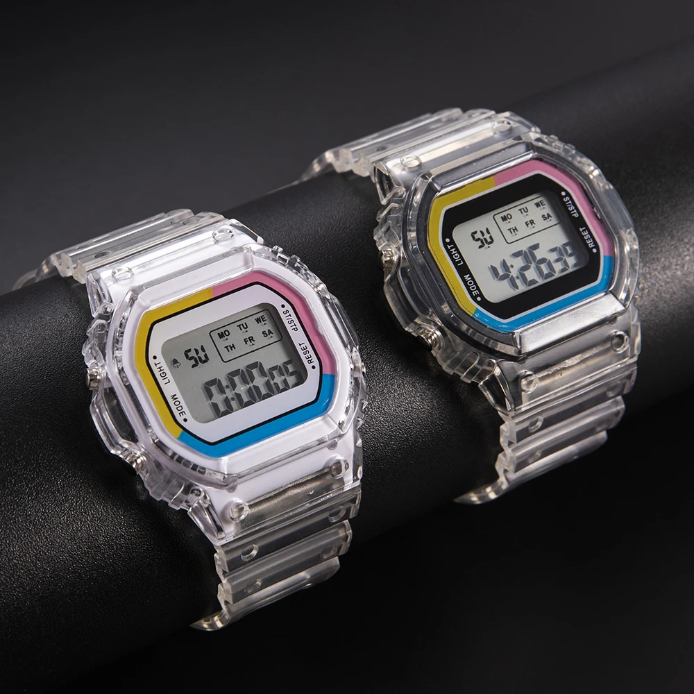 

New Fashion Casual Transparent Digital Clock Children Sports Watches Wrist Bracelet Led Electronic Women Men Unisex Square Watch