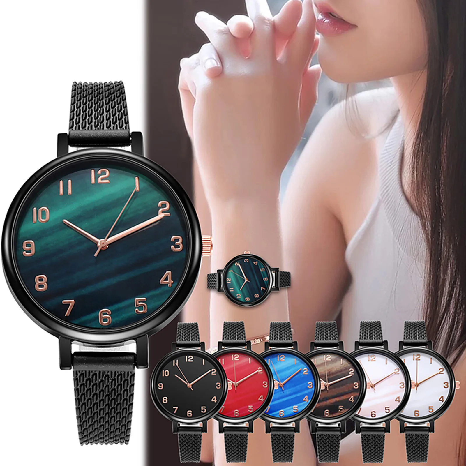 Часы Женские кварцевые с зеленым циферблатом модные повседневные из Малахита