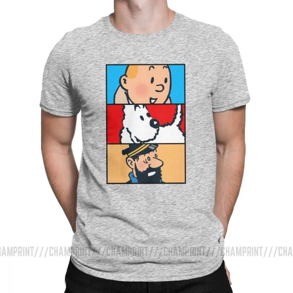 Футболка Tintin Milou Haddock The adventures Of Tintin для мужчин, хлопковая футболка с короткими рукавами, одежда 4XL 5XL 6XL - Цвет: Серый