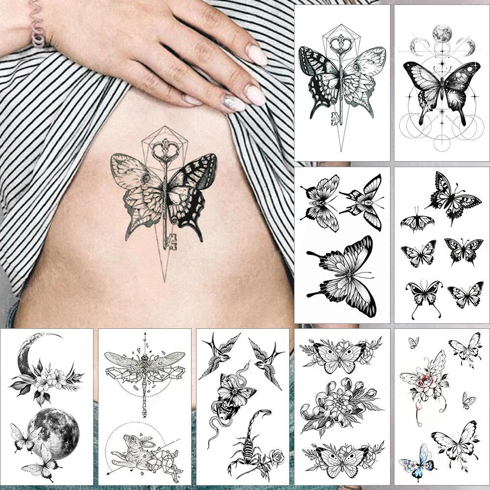 

Waterproof Temporary Tattoo Sticker Geometry Line Key Butterfly Moth Skull Owl Flash Tatoo Fake Tatto For Body Art Women Men