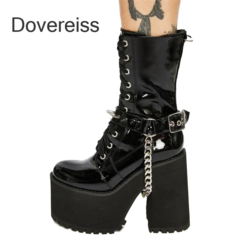 

Dovereiss Fashion Women's Shoes Winter New Platform Round Toe Goth Chunky Heels Genuine Leather Short Boots Big Size 42 43