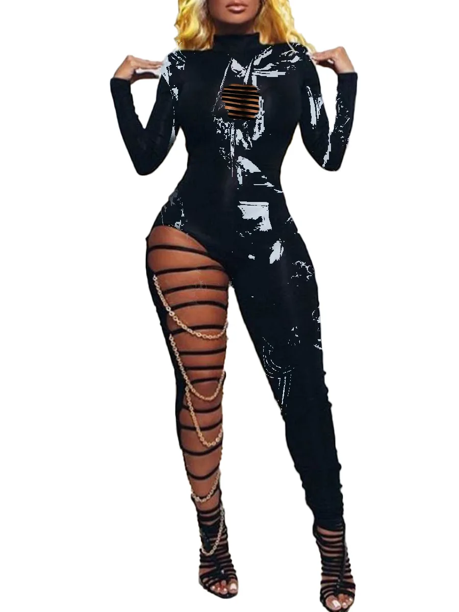 

Women Sexy Nightclub Party Wear Jumpsuits Fashion Lady's Printing Turtleneck Full Sleeve Hollow Out Skinny Rompers 2020 Autumn