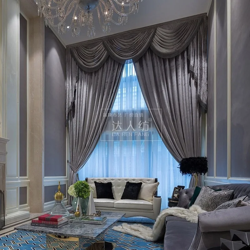 

Europe and America High-end Velvet Curtains for Villa Living Room Bedroom Study Velvet Blackout Curtains Tulle Valance Custom