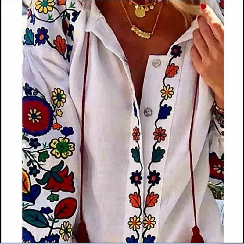 Womens Shirts Tops Long Sleeve Flower Print Casual Loose Top Fashion V-Neck Dark Buckle Lantern 2019 Early Autumn | Женская одежда