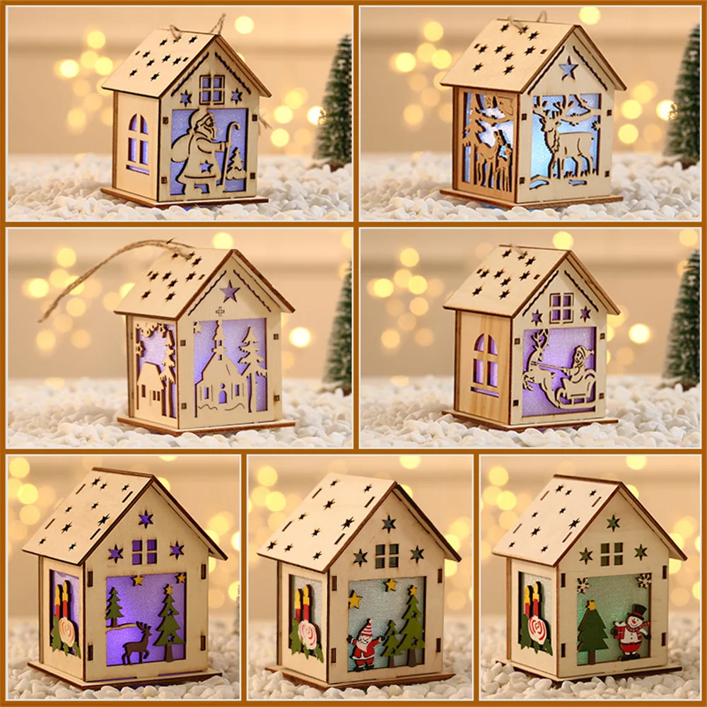 

New Christmas Tree Wood House Hanging Ornaments DIY Hanging Wood Crafts LED Light Wooden House Hanging Decor for Home Party