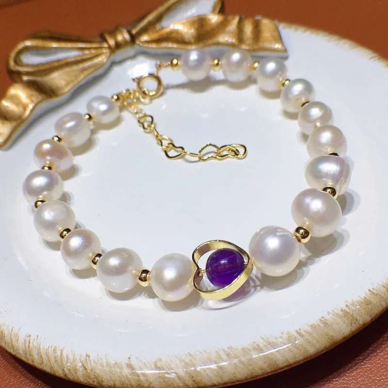 

Women Jewelry Natural Freshwater Pearls Popular Style Single One Layer Purple Bead With Small Golden Beads Bracelet