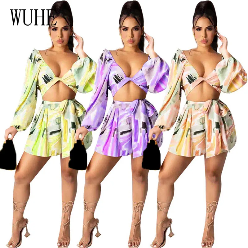 

Повседневная Уличная одежда WUHE, пикантный Топ с длинным рукавом-фонариком и глубоким V-образным вырезом и плиссированная юбка, Клубные вече...