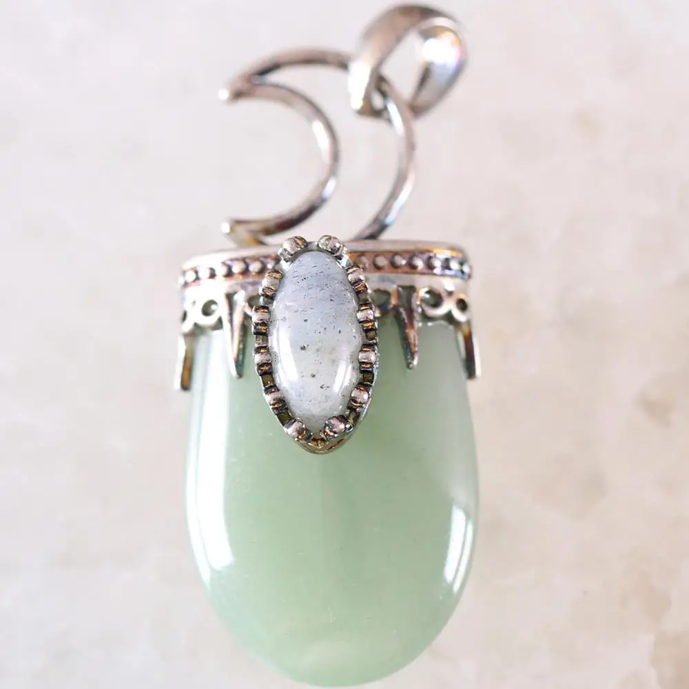 Green Aventurine Ожерелье с подвеской из натурального камня, бусина из Лабрадорита, оникса, кристалла, Лапис, Антикварная Серебряная корона, полумесяц, для женщин, изготовление ювелирных изделий, 1 шт - Окраска металла: Green Aventurine