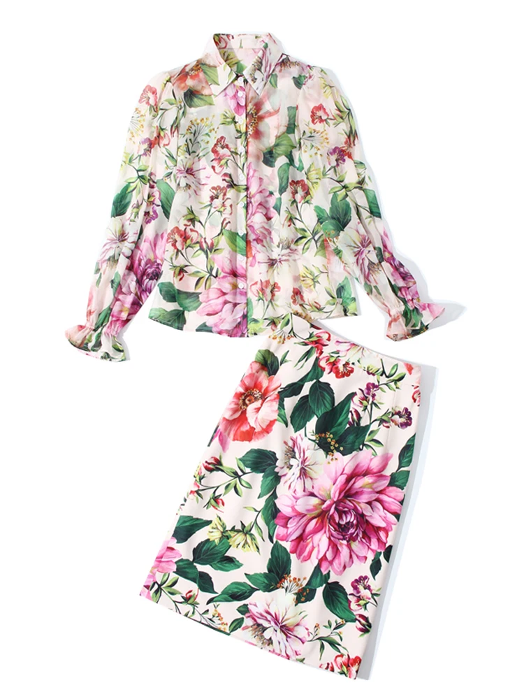 

Free shipping retro printing loose shirt two-piece suit ladies summer new + high waist printing bag hip skirt fashion suit