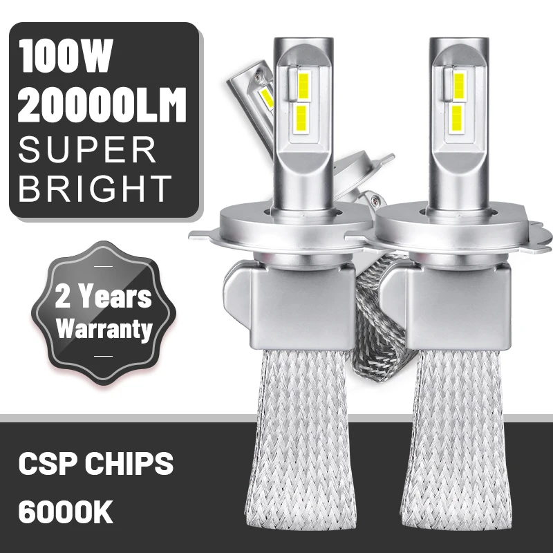 

9006 HB4 LED Headlight Bulbs 20000LM LED H1 H7 H4 H11 H8 H9 9005 HB3 6000K CSP Chips Fanless No Fan Copper Strips For Lens 100W