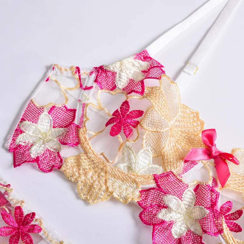 

MeiKeDaiNicey 3-piece Floral Embroidery Lace Bra Set Women Unlined Bra Underwear+Thong Underwear Set Ladies Sexy Lingerie Set