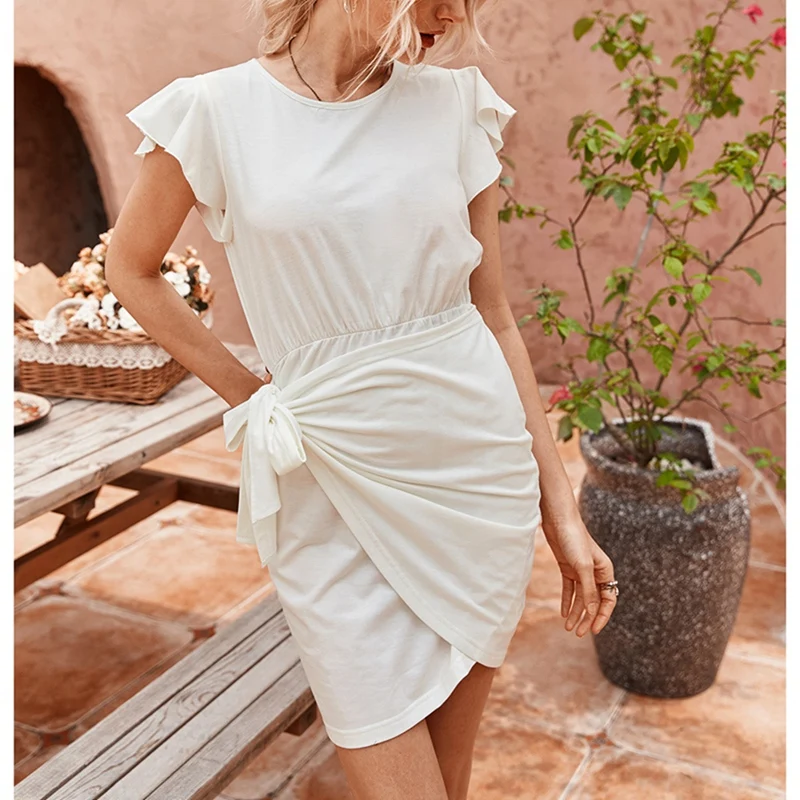 

Женское повседневное платье мини с круглым вырезом и рукавом в виде листьев лотоса