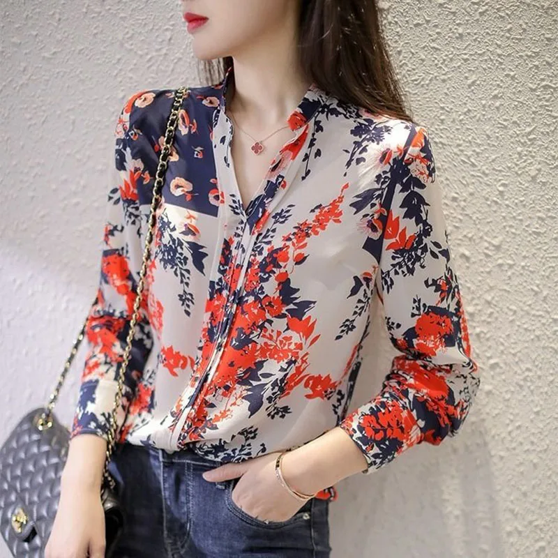 2021 Spring Summer New Women Flower Printed Chiffon Shirt Female Long Sleeve Blouses Lady Casual V-Neck Tops Plus 3XL Blusas
