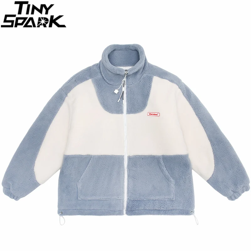 

2021 Men Color Block Patchwork Furry Jacket Hip Hop Streetwear Harajuku Cotton Bomber Jacket Coat Autumn Winter Outwear Zipper